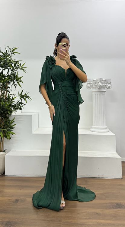 Zümrüt Drapeli Şifon Abiye Elbise