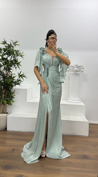 Mint Drapeli Şifon Abiye Elbise