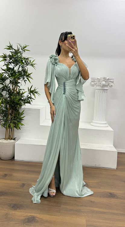 Mint Drapeli Şifon Abiye Elbise