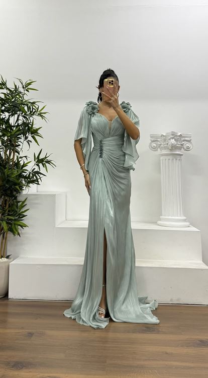 Mint Drapeli Şifon Abiye Elbise