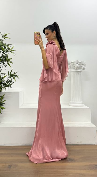 Gül Kurusu Drapeli Şifon Abiye Elbise