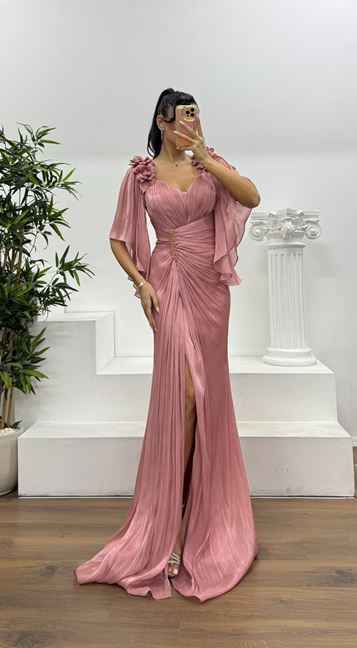 Dusty Rose Draped Chiffon Evening Dress