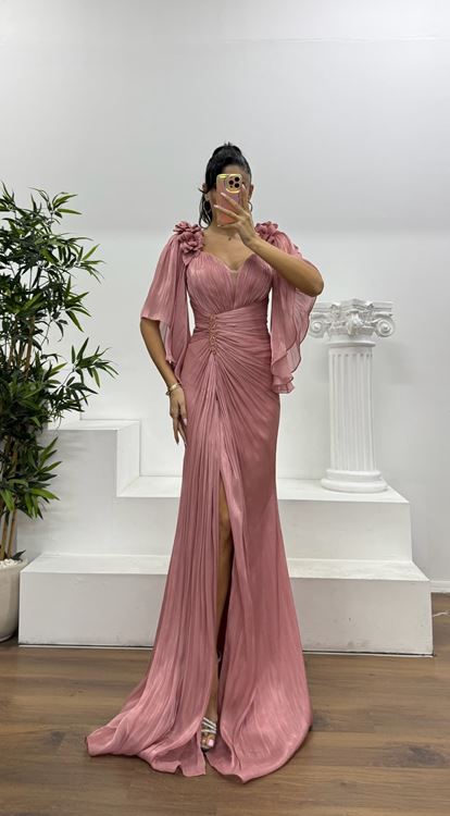 Gül Kurusu Drapeli Şifon Abiye Elbise