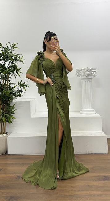Olive Draped Chiffon Evening Dress