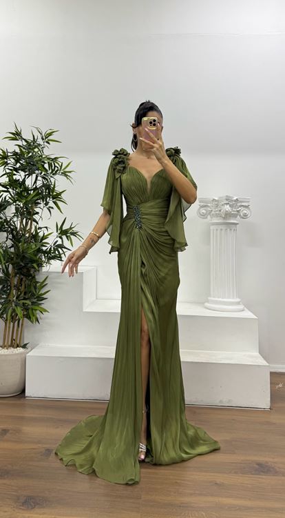 Olive Drapeli Şifon Abiye Elbise
