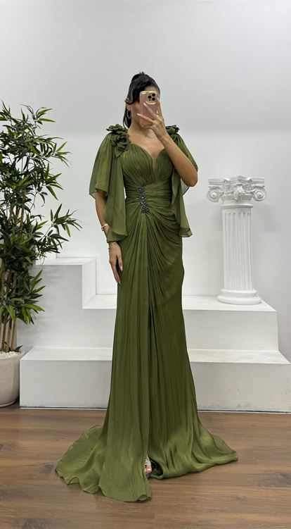 Olive Drapeli Şifon Abiye Elbise