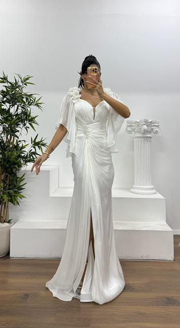 White Draped Chiffon Evening Dress