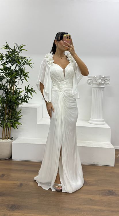 Beyaz Drapeli Şifon Abiye Elbise