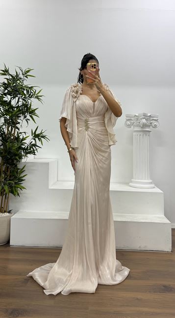 Beige Draped Chiffon Evening Dress