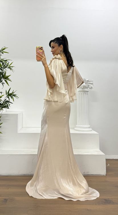 Bej Drapeli Şifon Abiye Elbise