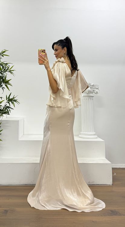 Bej Drapeli Şifon Abiye Elbise