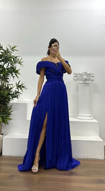 Saks Omzu Açık  Şifon Abiye Elbise