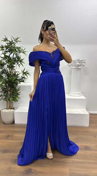 Saks Omzu Açık  Şifon Abiye Elbise