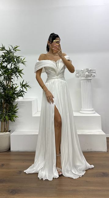 White Off-the-Shoulder Chiffon Evening Dress