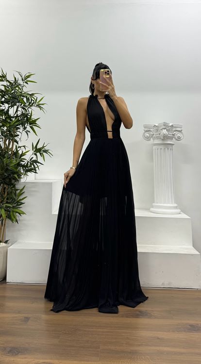 Siyah İnce Askılı Derin Dekolteli Özel Tasarım Şifon Abiye