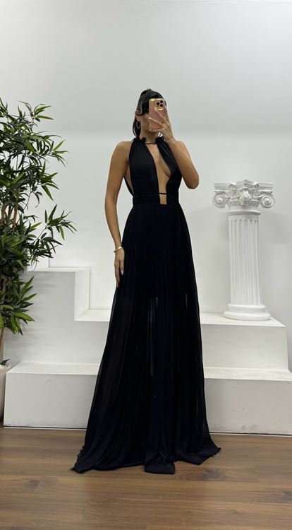 Siyah İnce Askılı Derin Dekolteli Özel Tasarım Şifon Abiye