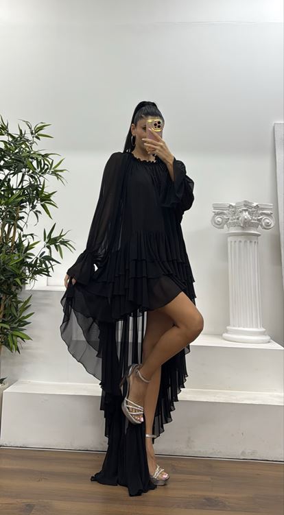 Siyah Şifon Katman Özel Tasarım Abiye Elbise