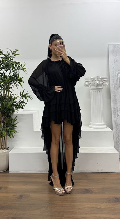 Siyah Şifon Katman Özel Tasarım Abiye Elbise