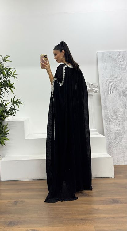 Siyah Işıltı Taş Detaylı Özel Tasarım Abiye Elbise