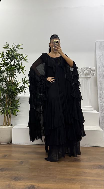 Siyah Bohem Fırfır Detaylı Özel Tasarım Abiye Elbise
