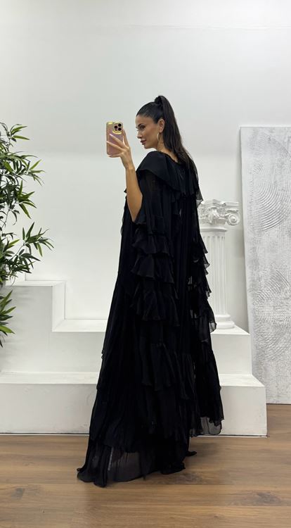 Siyah Bohem Fırfır Detaylı Özel Tasarım Abiye Elbise