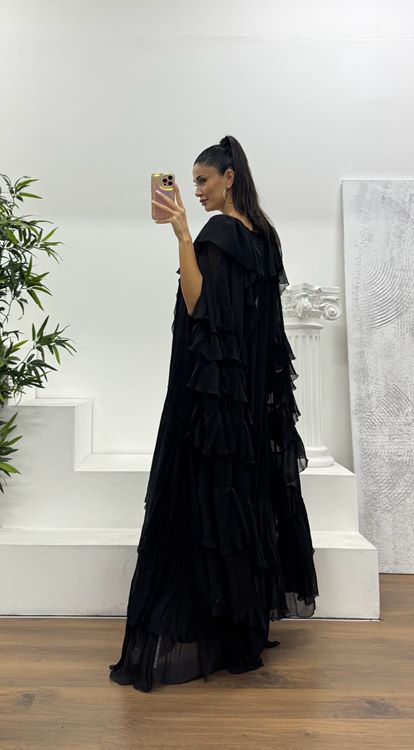 Siyah Bohem Fırfır Detaylı Özel Tasarım Abiye Elbise