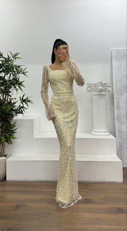 Bej Kare Yaka İşlemeli Abiye Elbise