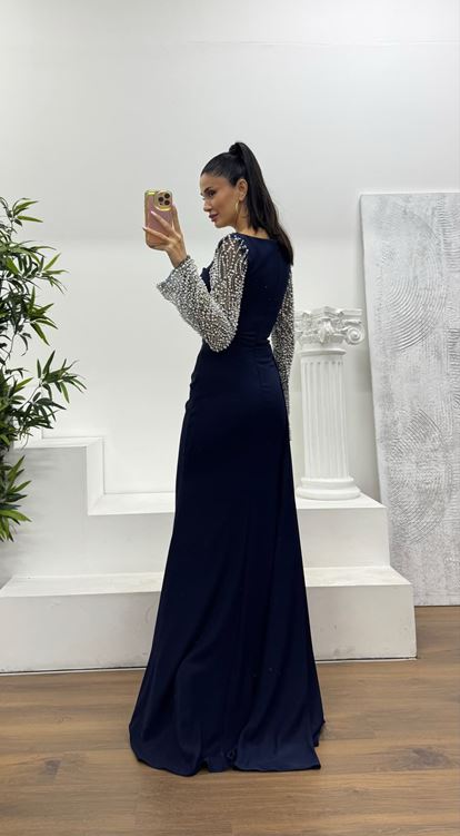 Lacivert Bel Detay Abiye Elbise