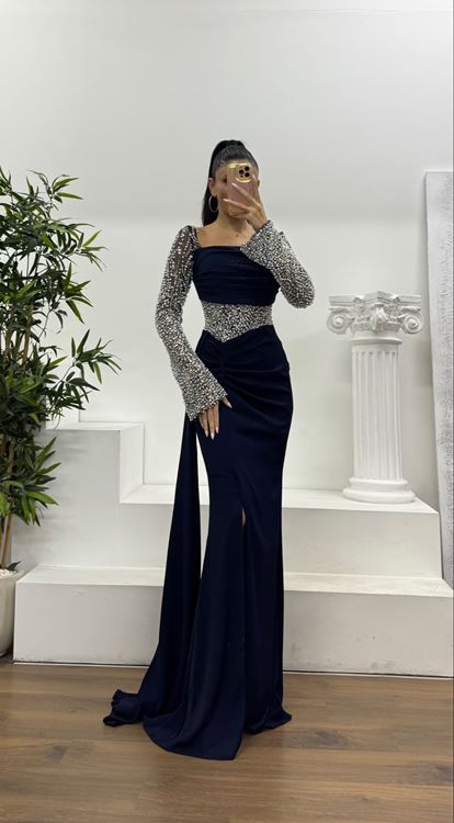 Lacivert Bel Detay Abiye Elbise