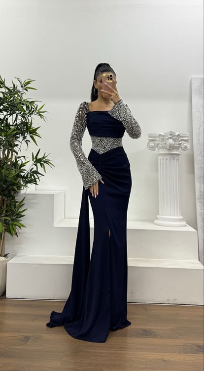 Lacivert Bel Detay Abiye Elbise