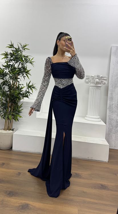 Lacivert Bel Detay Abiye Elbise