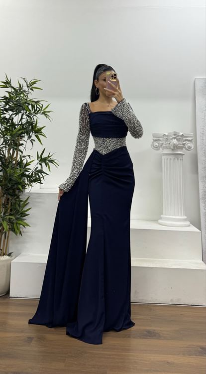 Lacivert Bel Detay Abiye Elbise