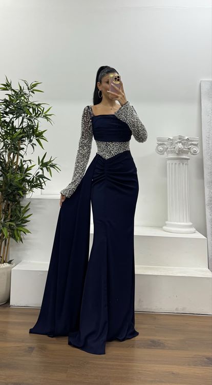 Lacivert Bel Detay Abiye Elbise