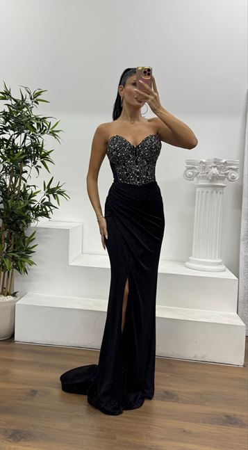 Siyah Straplez Simli Abiye Elbise