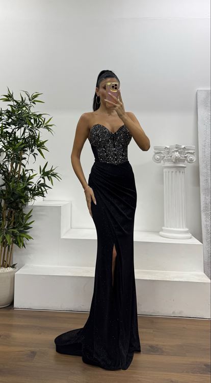 Siyah Straplez Simli Abiye Elbise