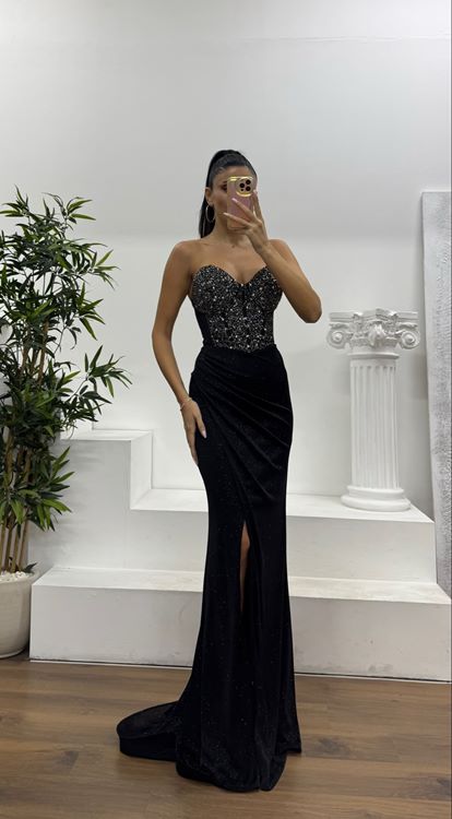 Siyah Straplez Simli Abiye Elbise