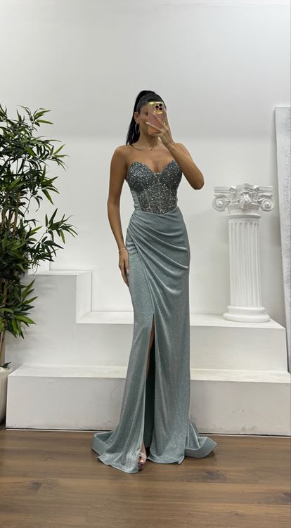 Mint Straplez Simli Abiye Elbise