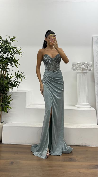 Mint Straplez Simli Abiye Elbise