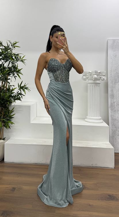 Mint Straplez Simli Abiye Elbise