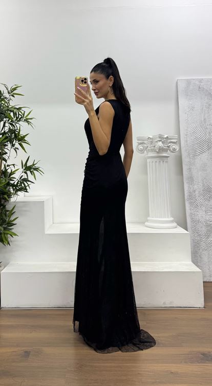 Siyah Askılı Dantel Abiye Elbise