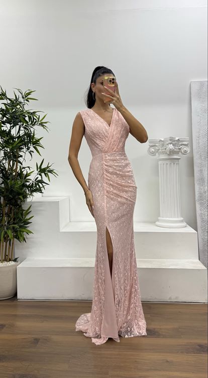 Somon Askılı Dantel Abiye Elbise