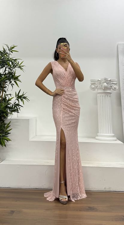 Somon Askılı Dantel Abiye Elbise