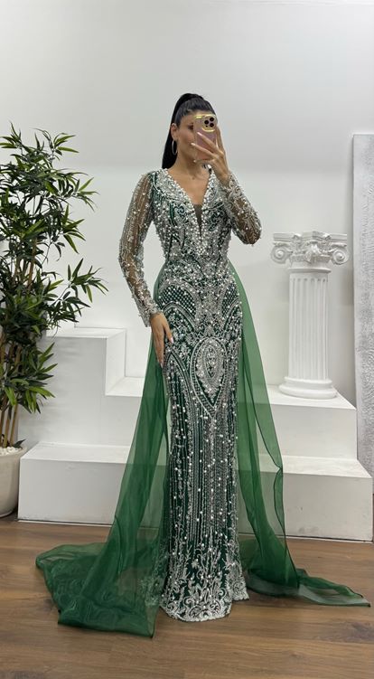 Yeşil İşlemeli Abiye Elbise