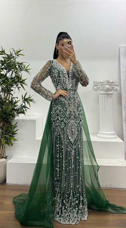 Yeşil İşlemeli Abiye Elbise