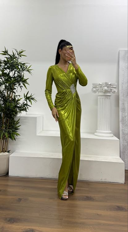 Fıstık Yeşili V Yaka Metalik Abiye Elbise