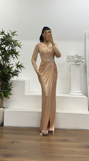 Gold V Yaka Metalik Abiye Elbise