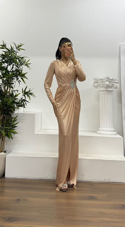 Gold V Yaka Metalik Abiye Elbise