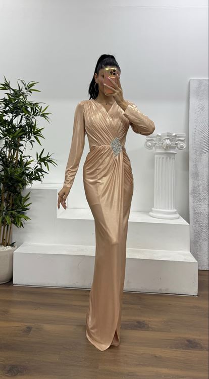 Gold V Yaka Metalik Abiye Elbise