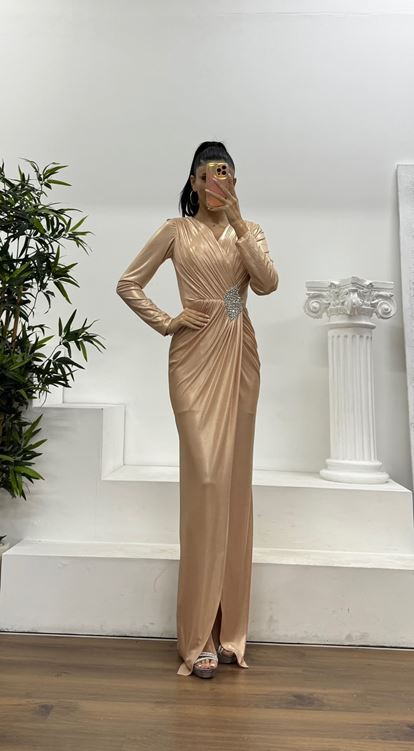 Gold V Yaka Metalik Abiye Elbise