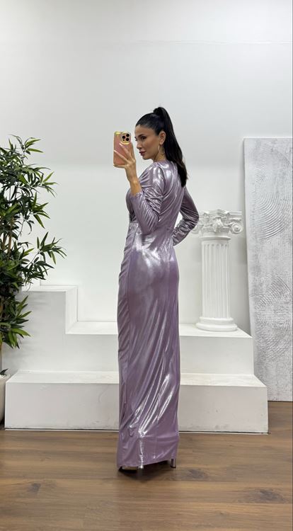 Lila V Yaka Metalik Abiye Elbise